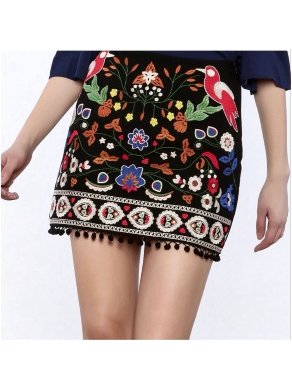 Umgee Black Multicolor Embroidered Mini Skirt Birds Pom Trim Sz L NWT - Picture 1 of 13